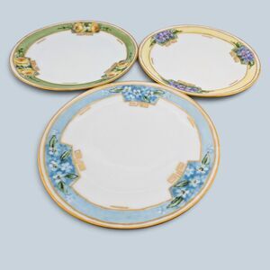Vintage Bavaria Czechoslovakia Art Deco Style Floral Plates Set 3 Gold Trim